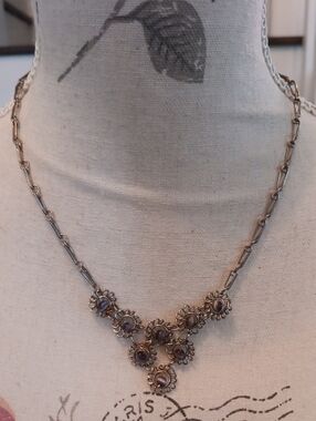 & Vintage Floral Cluster Necklace with Cats Eye beads